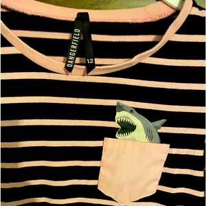 ModCloth Shark Pocket T. Pink and Black striped. Cloverfield- 12.
